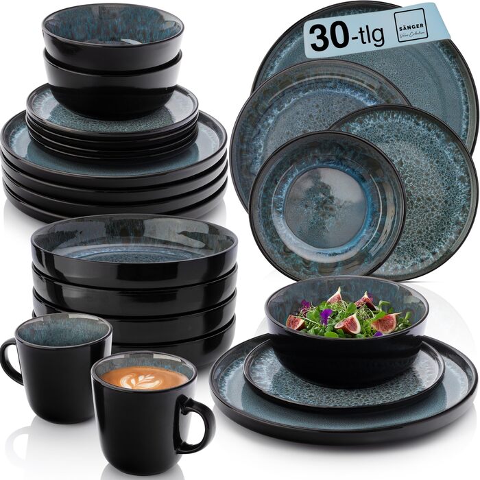 Набір посуду SÄNGER Manila на 6 осіб (30 предметів) | Керамічний сервіз, блакитний з чорним обідком