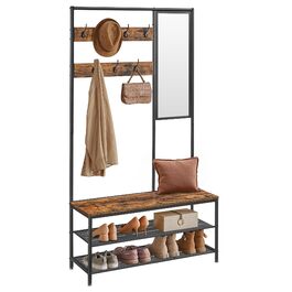 Дзеркало-вішалка VASAGLE HSR415B01 з банкеткою, полицею для взуття, гачками, 35 x 98 x 180 см, для прихожей, спальні, вітальні, індустріальний стиль, вінтажний коричневий + чорний