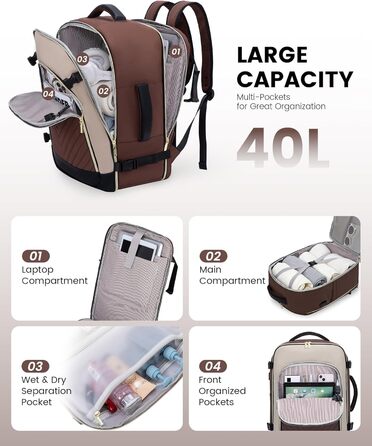 LOVEVOOK Рюкзак для ручної поклажі 40L, жіночий, для подорожей, великий, сумка-рюкзак для ручної поклажі в літак, для ноутбука, водонепроникний, рюкзак для подорожей, з косметичкою, сумка Weekender для подорожей, ділових поїздок (17.3 дюймів, Коричневий, 