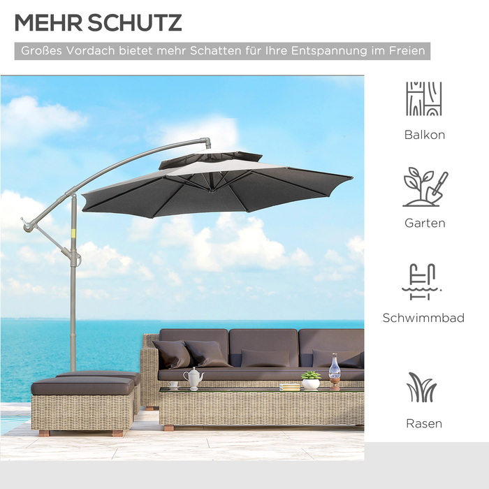 Outsunny Parasol Centilever Parasol Ø2.67 x 2.45 м Кривошипна парасолька з подвійним навісом Поперечна основа Сталь Сталевий Поліестер Сталь Світло-Сірий