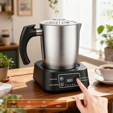 Електричний спінювач молока 5-в-1 з нержавіючої сталі, 500 мл, знімний контейнер, контроль температури, для гарячого та холодного молока, капучино, лате
