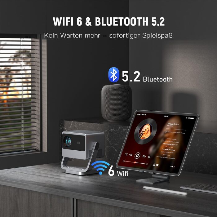 Проектор VOPLLS B-21000L 4K з автофокусом та корекцією трапецеїдальних спотворень, 28000 люмен, WiFi6, Bluetooth, Dolby Audio, Full HD 1080P, для дому та вулиці