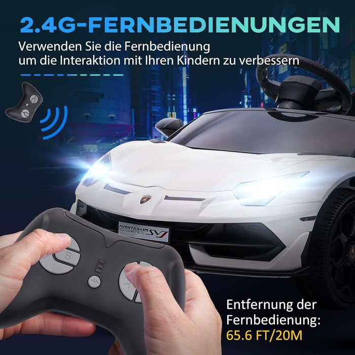 Електромобіль для дітей HOMCOM Lamborghini Aventador SVJ Roadster 12V з пультом, MP3, сигналом, фарами, білий, для дітей 3-5 років