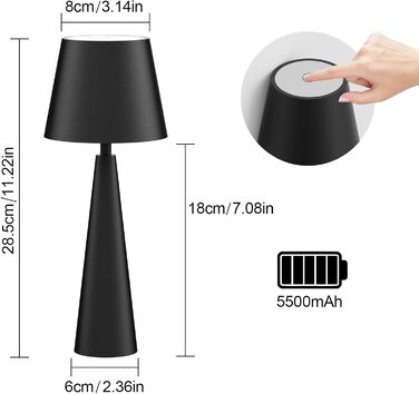 LED настільна лампа Coinmit з регулюванням яскравості, чорна, 5500mAh, акумуляторна, бездротова, для спальні, їдальні, кабінету, внутрішнього та зовнішнього використання, 1 шт.