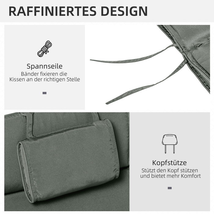 Подушка для шезлонга Outsunny, м'яка підстилка для саду з подушкою для голови, знімний чохол, сірого кольору, 198 x 53 x 5 см. Тільки подушка.