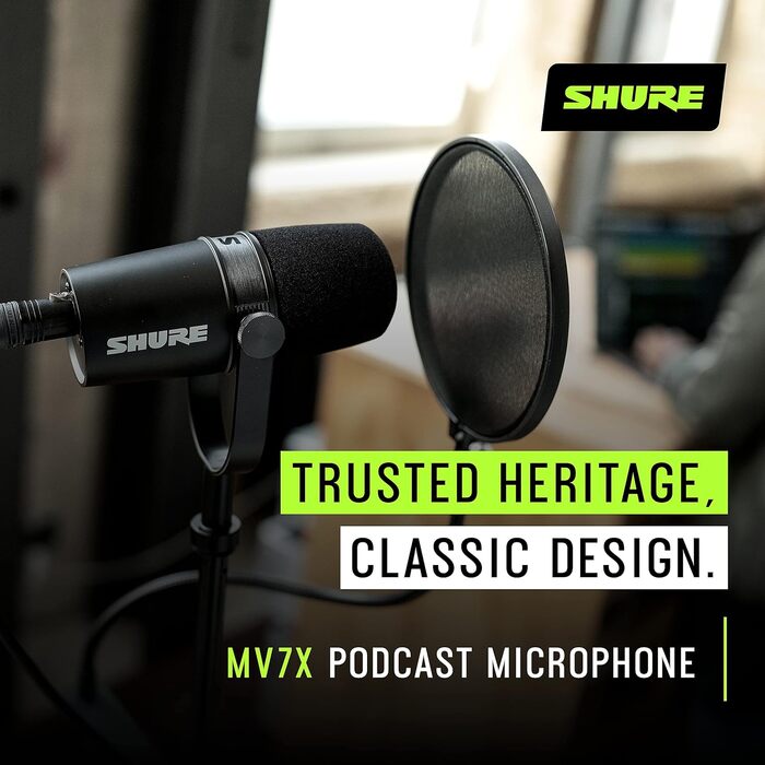 Динамічний XLR мікрофон Shure MV7X для подкастингу та вокалу, професійна якість, Voice Isolation, чорний