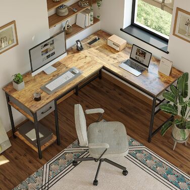 Комп'ютерний стіл CubiCubi L-подібний з розеткою, 148 x 120 см, коричневий, вінтажний, для офісу та дому