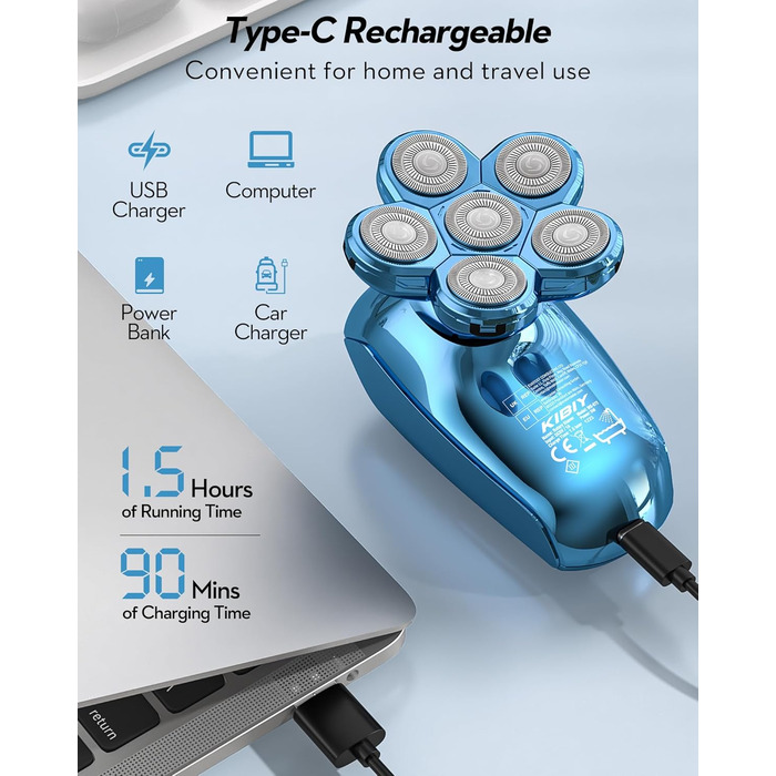 Світлодіодна бритва Kibiy 5-в-1, 6 бритвених головок, IPX7, тип C, світло-блакитний