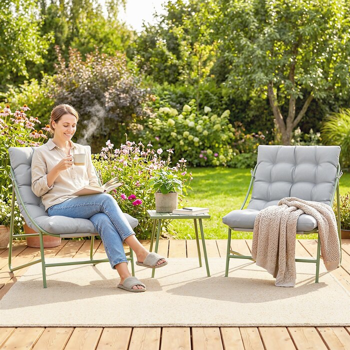 Набір меблів для балкона/саду на 3 місця: стіл, подушки, сталевий каркас, регульовані підніжки, світло-сірий