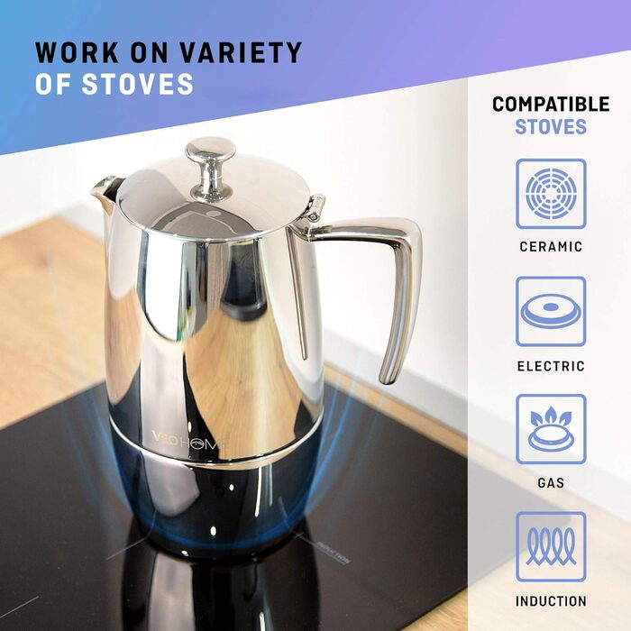 Mokka Pot VeoHome: Кавоварка гейзерна на 10 чашок, 500 мл, нержавіюча сталь, італійська, для Induktion, Gas, Keramik, Elektrik, без алюмінію, з подвійним фільтром