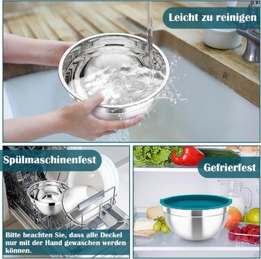 Набір салатниць TEAMFAR 6 шт. з нержавіючої сталі з кришками та силіконовим дном, 0,7L / 1,5L / 1,6L / 2,5L / 2,8L / 4,6L (блакитний)