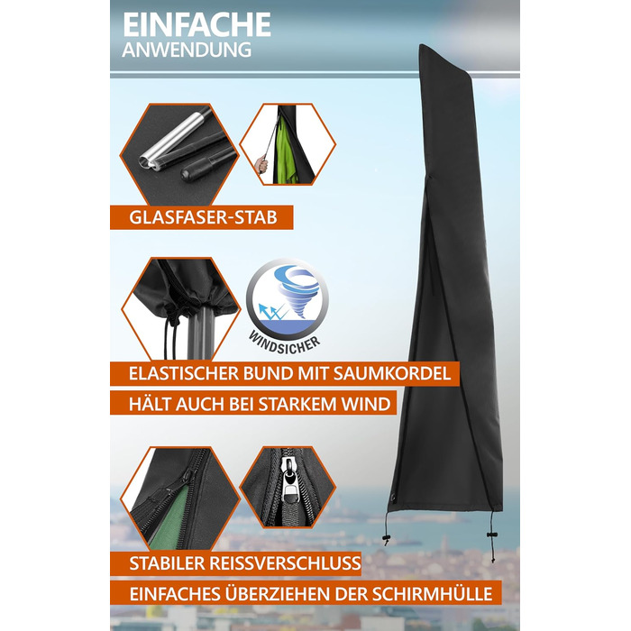 Чохол для парасольки Menz 2-4 м, 420D Oxford, водовідштовхувальний, UV-стійкий, захист від вітру, для саду (Чорний, 174x32/35 см)