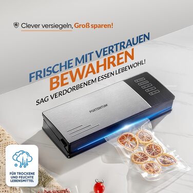 Вакууматор для продуктів PORTENTUM з корпусом із нержавіючої сталі та набором з 10 пакетів, вакуумний пакувальник та зварювач пакетів