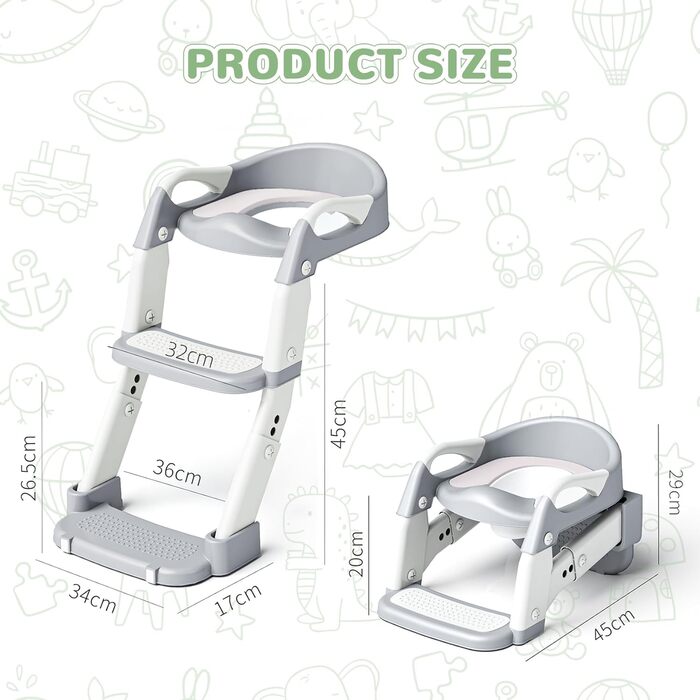 Універсальний дитячий сидіння-сходинка для унітазу 2-в-1 з PU-покриттям, регульована висота, складна конструкція, антиковзке покриття та захист від бризок