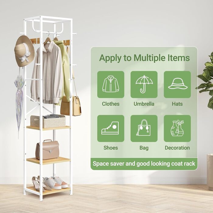 Підставка для одягу ELYKEN: вільна, з 3 полицями та 12 гачками, для прихожей, спальні, офісу. Органайзер для шапок, пальто, шарфів. Натуральне дерево