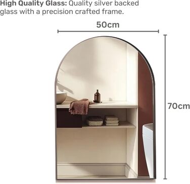 Дзеркало для ванної кімнати Arched Frame® Premium з золотою рамою, настінне, сучасне, стильне (50x40 см), матовий чорний, 70x50 см