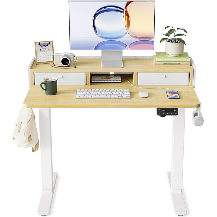 Електричний стіл YIHAYO з ящиками та підставкою для монітора 120x60 см, стіл для стоячи роботи з функцією пам'яті, Natural White (білий каркас/натуральна поверхня)
