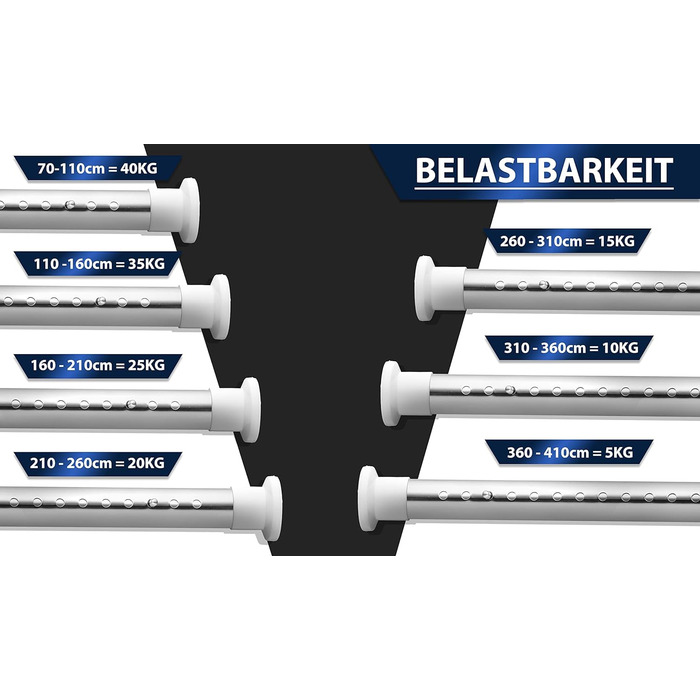 Штанга для душу без свердління 160-210 см, Ø 32 мм, з кріпленнями - штанга для завіси для вікон, перегородок та кухні (160-210 см, нержавіюча сталь срібна)