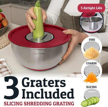 Набір місок для змішування PriorityChef з нержавіючої сталі з кришками, 3 терки, герметичні кришки, силіконова нековзна основа, набір місок для кухні, великі металеві міски для приготування їжі, зелений колір