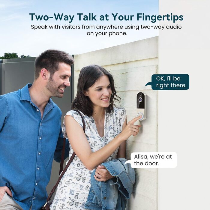 Відеодзвінок бездротовий 1080P з AI-розпізнаванням, нічне бачення, 2-сторонній аудіо, на батарейках, хмарне сховище, Wi-Fi 2.4 ГГц, для внутрішнього та зовнішнього використання