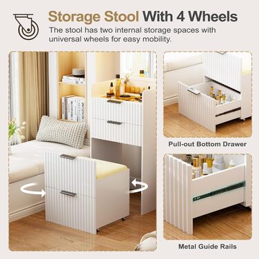 Трюмо Lvifur з LED-дзеркалом та 3 висувними ящиками, кутовий, для спальні, квартири, гуртожитку, білий