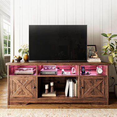 Тумба під телевізор Coleshome з розетками, USB, LED, 4 відкритими полицями та 2 шухлядами, 150x35x65 см, білий та горіх