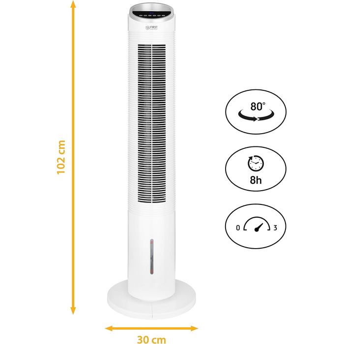 Баштовий вентилятор TZS з водяним охолодженням і дистанційним керуванням - великий і дуже тихий повітряний охолоджувач 102 см - коливання 80 з функцією таймера & 3 рівні - стоячий вентилятор з дисплеєм, сенсорний датчик - білий