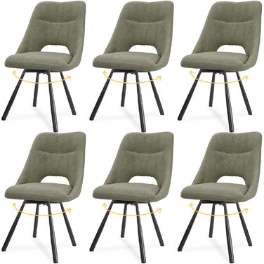 LEWE Комплект з 6 обертових стільців для їдальні, кухонних, вітальні та спальні, ергономічні, без підлокітників, з тканини кашемір, сіро-зелений