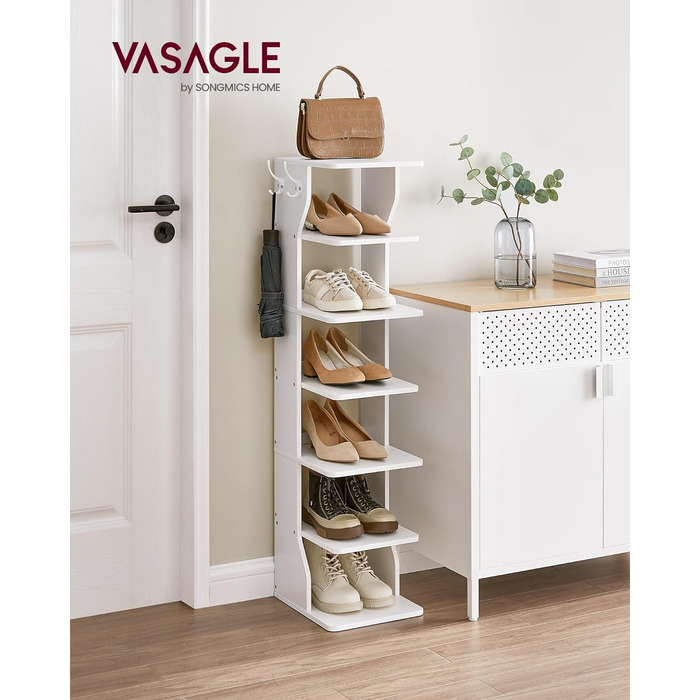 Полиця для взуття VASAGLE вузька, стояча полиця з 6 рівнями, компактна, для вхідної зони, кутова, полиця для взуття, біла LBS200T14