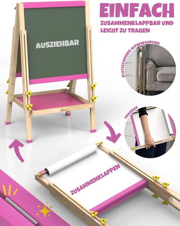 Мольберт для малювання Joyooss для дітей, регульований дерев'яний мольберт для малювання, двосторонній, сухий маркер, з аксесуарами для малювання, подарунок та канцтовари для дітей 4-8 років (РОЖЕВИЙ) 106PINK