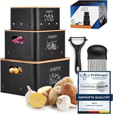 Набір контейнерів для зберігання картоплі, цибулі та часнику (3 шт) – Преміум-контейнери з циркуляцією повітря, вінтажний стиль, чорний колір