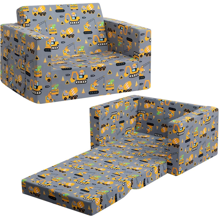 Дитяче диван-ліжко BEJOY 2 в 1: диванчик та крісло, Sherpa, сірий з машинками для дитячої кімнати, подарунок