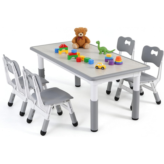 Дитячий стіл MAMIZO з 4 стільцями, регульована висота, набір для дитячої кімнати/садка, пластикові меблі, сірий, 60 x 120 см