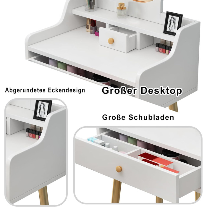 Трюмо YuYe з LED-підсвічуванням, регульованою яскравістю, з пуфом, 5 шухлядами та 3 полицями, сучасний дерев'яний комод для макіяжу білого кольору (121)