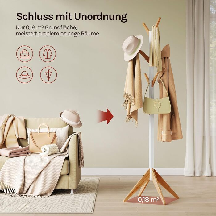 Вільхувана вішалка для одягу WOLTU з 8 гачками, дерев'яна, 180 см, білий+натуральний колір