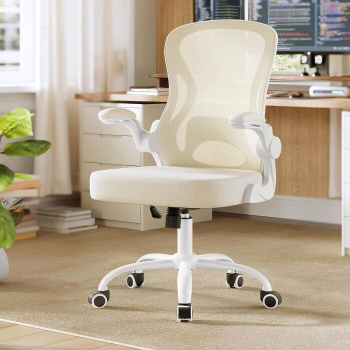 Ергономічний офісний стілець SONGMICS з підтримкою спини, сітчастою спинкою, відкидними підлокітниками, капучино-бежевий/білий