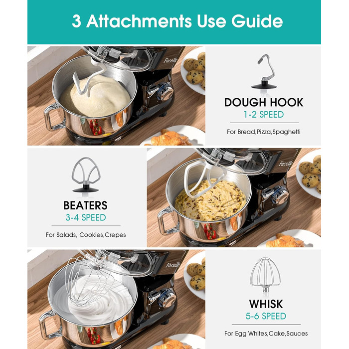 Кухонна машина Facelle 1500W з нержавіючою чашею 6.2 л, 6 швидкостей, комплект насадок (чорна)