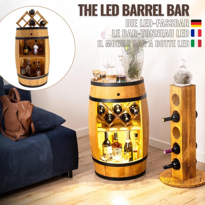 Дерев'яний бочонок-бар Fass від Creative Cooper: полиця для вина з LED підсвічуванням, 80x50 см, рустикальний дизайн, для дому