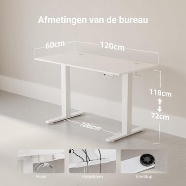 Регульований стіл Claiks для офісу, 120x60 см, білий, 80 кг, 3 положення пам'яті, з гачками