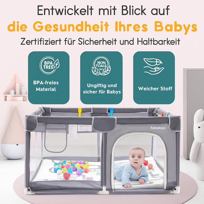 Дитячий манеж-ігровий центр з матрацом, басейн з кульками (50 кульок у комплекті) та 4 ручками для тримання. Розмір 124x124 см, дихаюча сітка, матеріал 210D Oxford, колір темно-сірий.