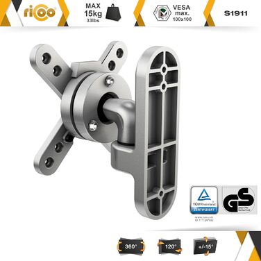 Кріплення для монітора RICOO TÜV сертифіковане, поворотне та нахильне, універсальне, 13-32 дюйми, VESA 75x75, 100x100 мм, до 15 кг, срібний колір