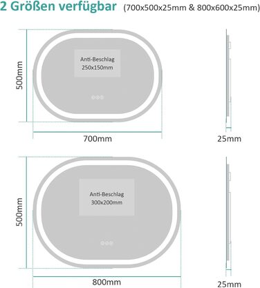 Дзеркало для ванної кімнати EMKE з підсвічуванням 80x60 см, сенсорне управління, антизапар, 3 кольори світла, регулювання яскравості, функція пам'яті, енергозберігаюче, овальне дзеркало
