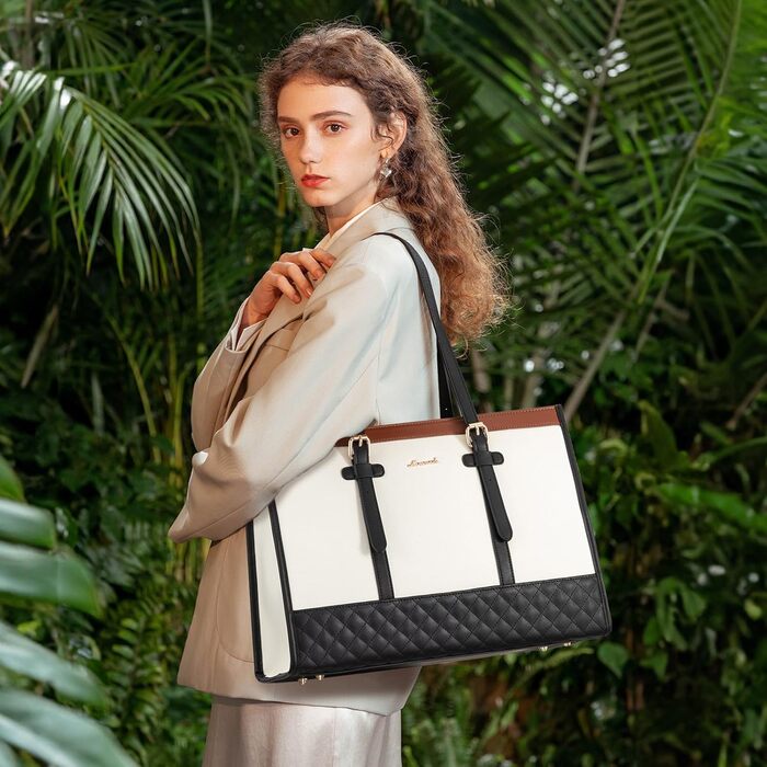 Сумка для ноутбука LOVEVOOK, жіноча, середнього розміру (15,6 дюймів), для роботи, навчання, офісу, універсітету, сумка-шопер, акцент: коричнево-чорно-білий колір