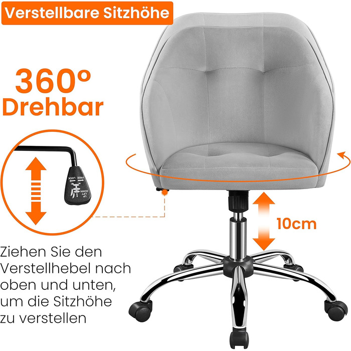 Крісло Yaheetech для дому та офісу, крісло для макіяжу, регульоване по висоті, поворотне, оксамитове, для робочого кабінету, спальні, дихаюче, на коліщатках, до 136 кг, сірий колір