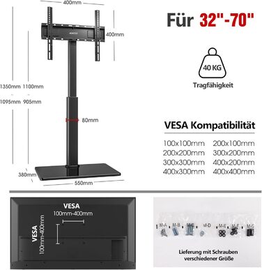 Тумба під телевізор AOKCOS 32-70 дюймів, з можливістю нахилу та регулюванням висоти, макс VESA 400x400 мм, 40 кг, чорний