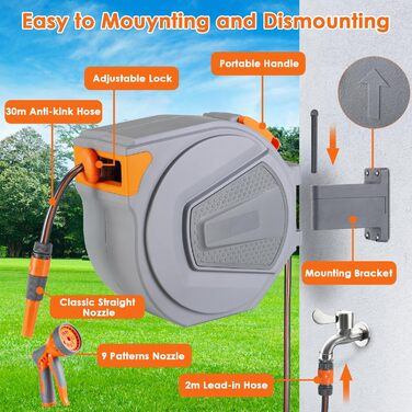 Шланговий барабан з шлангом 30м для саду, настінний автоматичний ролик, поворот 180°, водяний бокс з 9 функціями, для поливу та миття авто, сірий-помаранчевий, 30M