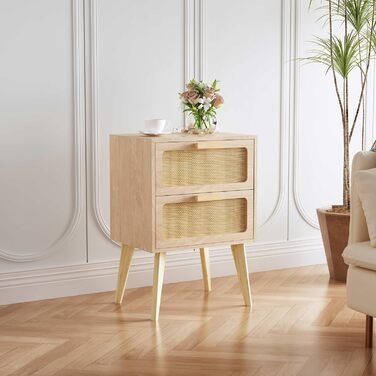 Приліжкова тумбочка з ротангу, дерев'яна з 2 висувними ящиками, декорована ручною роботою з ротангу, бохо-стиль, тумбочка для вітальні/спальні з місцем для зберігання, DECTG59Y