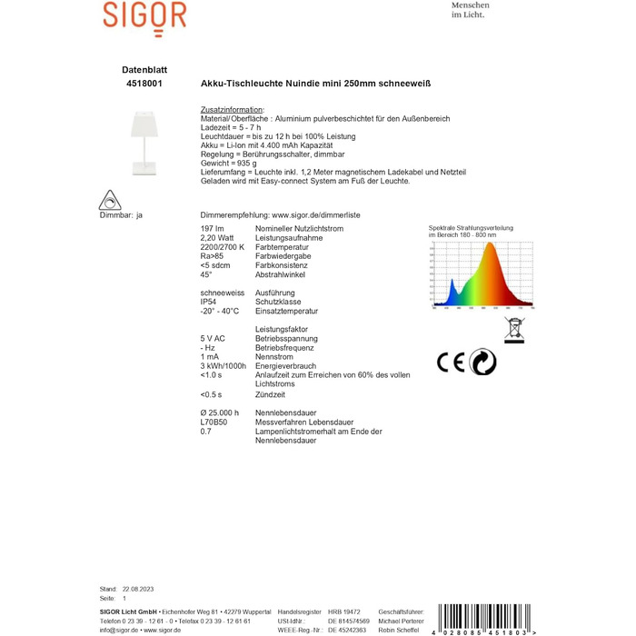 SIGOR Nuindie - LED-лампа на акумуляторі, диммер, для дому та саду, IP54, 38 см, 12 годин роботи, сніжно-білий колір