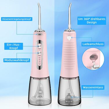 Електрична ірigator для порожнини рота Munddusche з 5 режимами, 300 мл, 6 насадок, рожевий