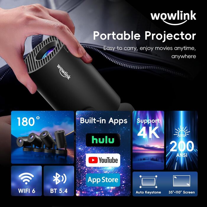 Портативний проєктор Mini Beamer 4K/1080P з WiFi 6 та Bluetooth 5.4. Підтримка HDMI, TV Stick, Memory Stick, Laptop. Автоматичне вирівнювання Keystone, чорний